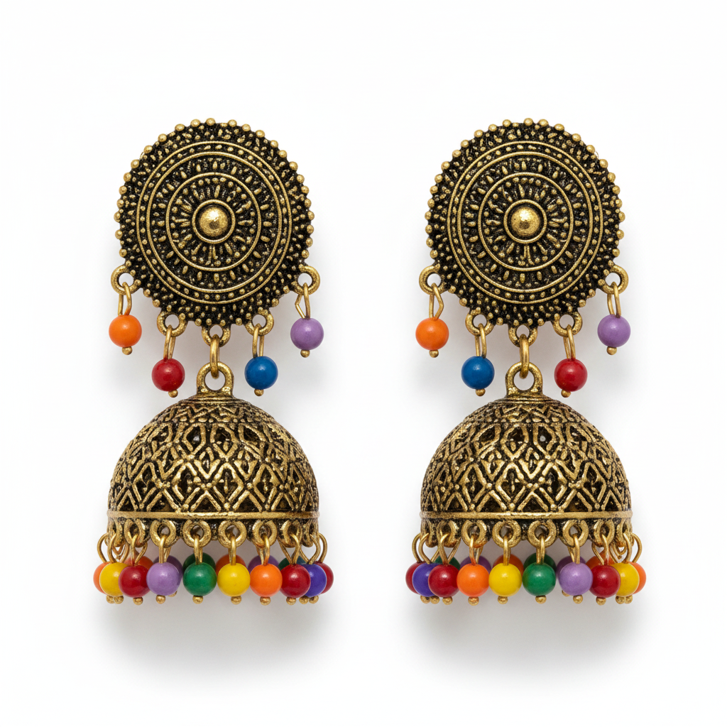 antique gold jhumka earrings ultra realistic pair.png antique gold jhumka earrings ultra realistic pair.png