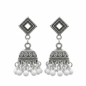 oxidised silver jhumka earrings with white beads.png