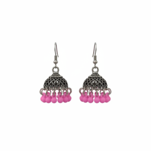 oxidized silver jhumka earrings with pink beads no card.png