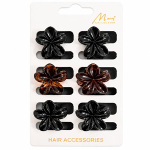 Black and brown flower shaped hair claw clips displayed on white Mami Collection packaging card