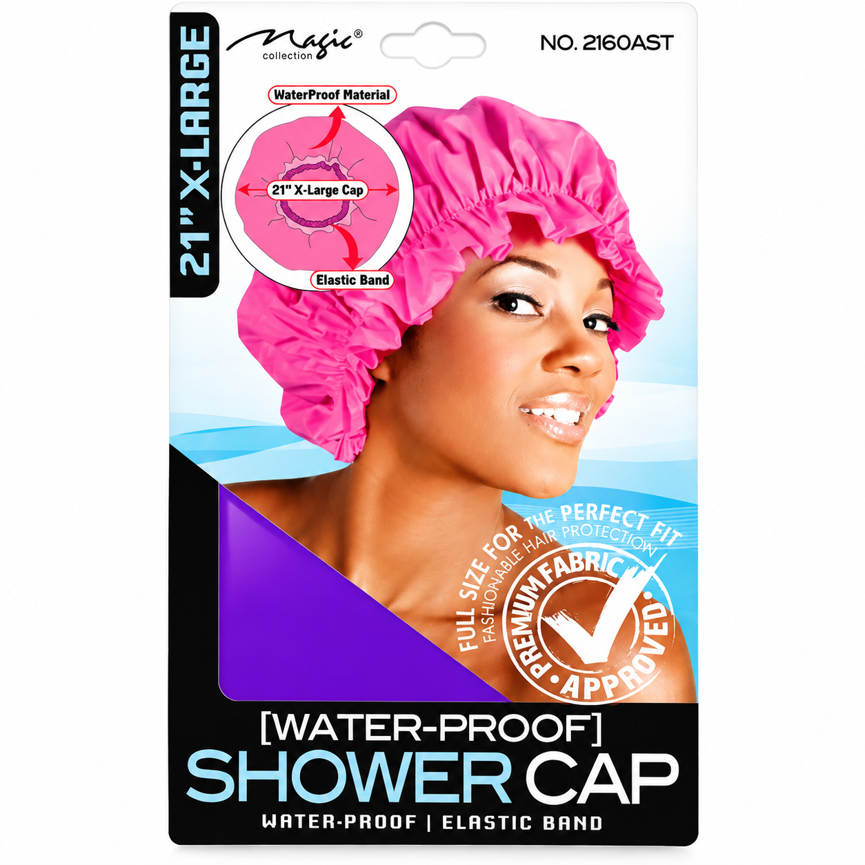 Waterproof shower cap packaging with pink elastic band cap, extra large size design, premium fabric protection, and woman wearing pink shower cap product image