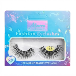 Packaging for "Marry Fashion Eyelashes," featuring a pair of 100% handmade 5D false eyelashes (Model 5D-03) in a blue holographic box, presented on a pure white background