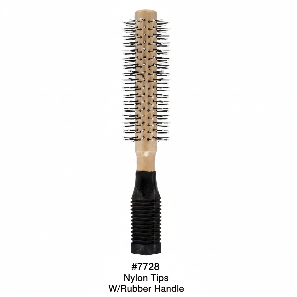 Round Barrel Hair Brush Nylon Tips Rubber Handle #7728