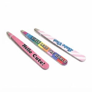 Colorful slant tip tweezers for precise grooming.