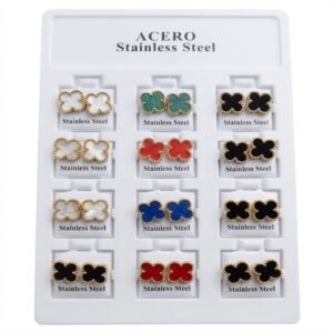 Stainless Steel Clover Design Earrings in assorted colours displayed on a card