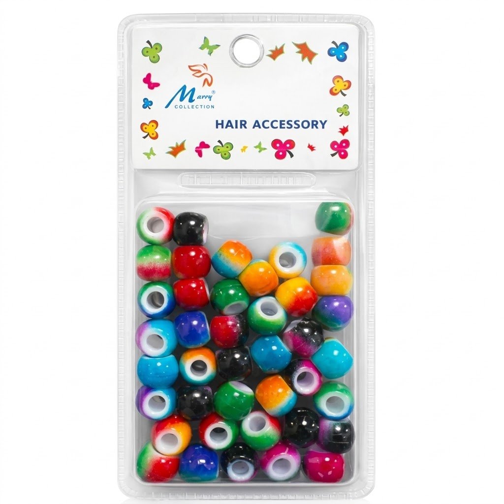 Colourful hair beads in a pack for styling and accessorising hair.