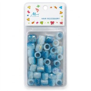 Blue hair beads with gold pattern in a clear packaging