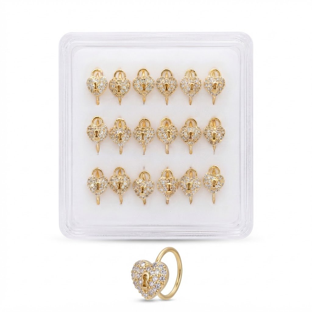 Nose Ring Heart With Stones in a display case