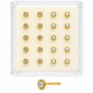 Gold round nose studs in a display box