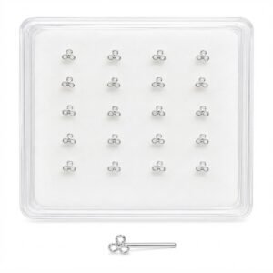Clear flower style nose stud in a display case