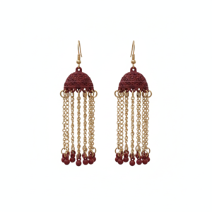maroon jhumka earrings with gold chain tassel.png