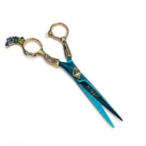 Professional Fancy Razor Scissors in Blue and Gold