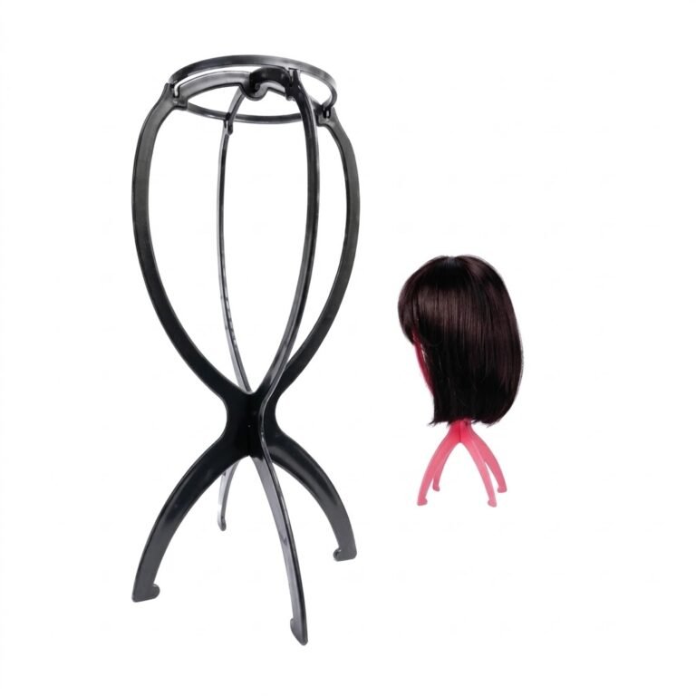 Black wig stand for displaying wigs securely